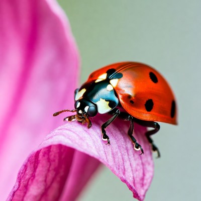 Ladybug on pink flower petal