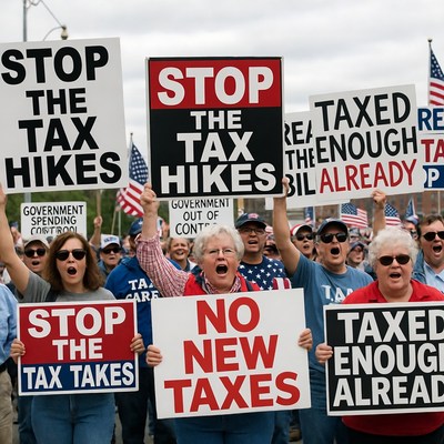Protestors opposing tax hikes with signs
