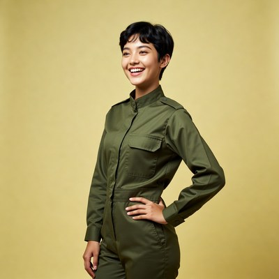 Asian woman smiling in green jumpsuit