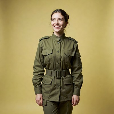Smiling woman in military jacket