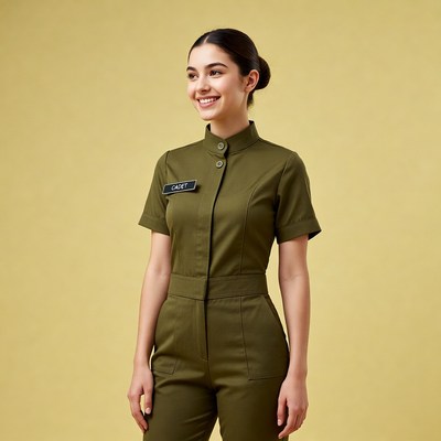 Smiling woman in green cadet jumpsuit