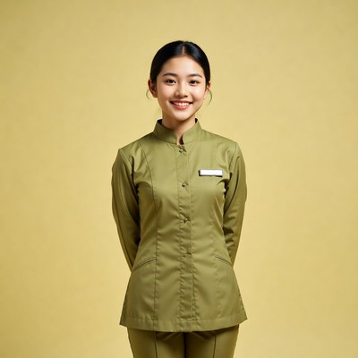 Asian woman in green uniform