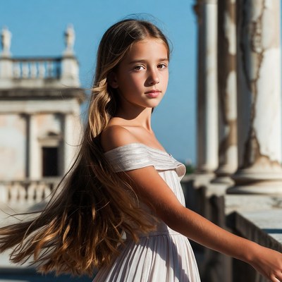 Girl in pink dress at ancient columns