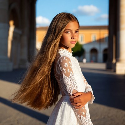 Girl in white lace dress at arches