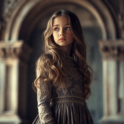 Girl in lace dress at gothic archway