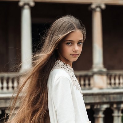 Girl with flowing hair in white dress
