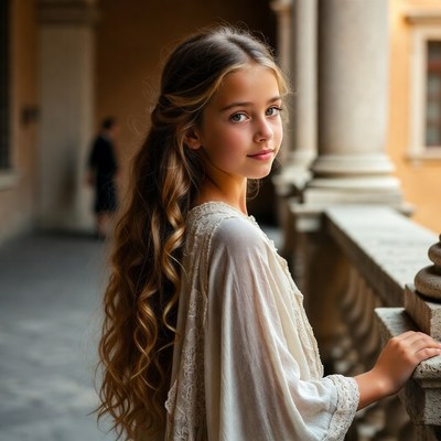 Girl leaning on balcony railing
