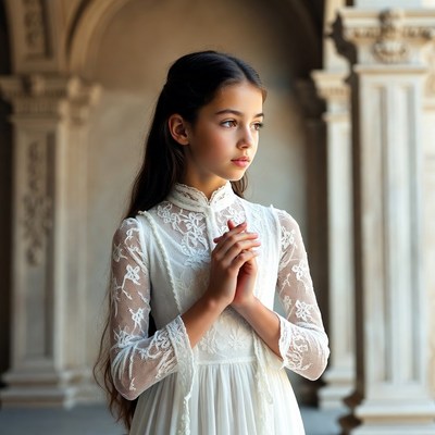 Girl praying in white lace dress