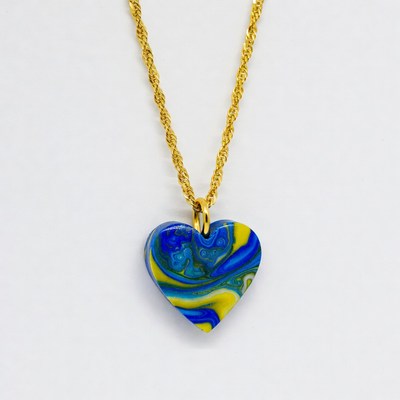 Blue Yellow Marble Heart Necklace