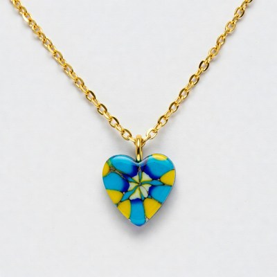 Blue Yellow Millefiori Heart Gold Necklace