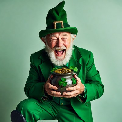 Elderly leprechaun laughing with gold pot
