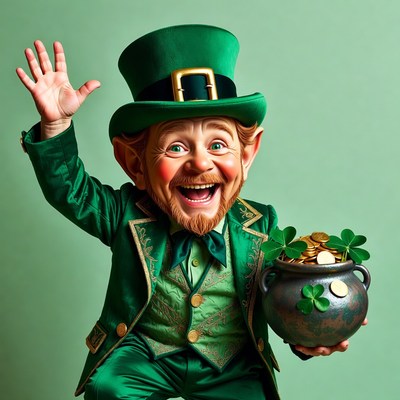 Leprechaun waving with gold pot