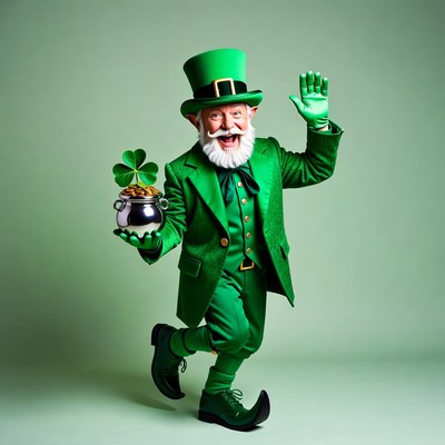 Leprechaun holding gold pot and shamrock