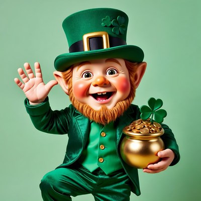Waving Leprechaun with Gold Pot