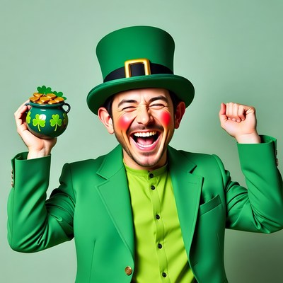 Man in green leprechaun costume laughing