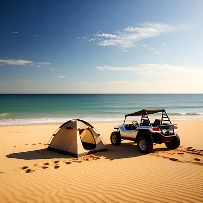 Tent and Dune Buggy on Beach