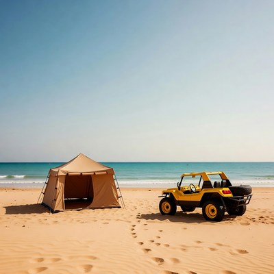 Yellow Dune Buggy and Tent on Beach