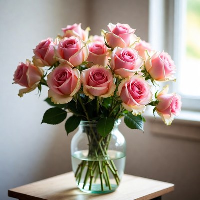 Pink Roses Bouquet in Glass Vase