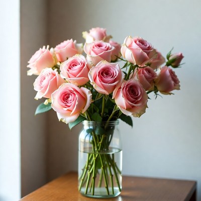 Pink Roses in Glass Vase