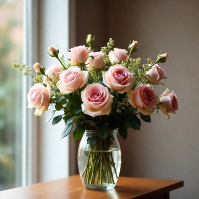 Pink Roses Bouquet in Glass Vase