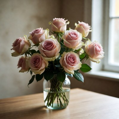 Pink Roses Bouquet in Glass Vase