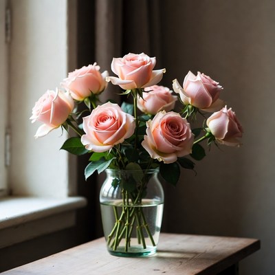 Pink Roses in Glass Vase