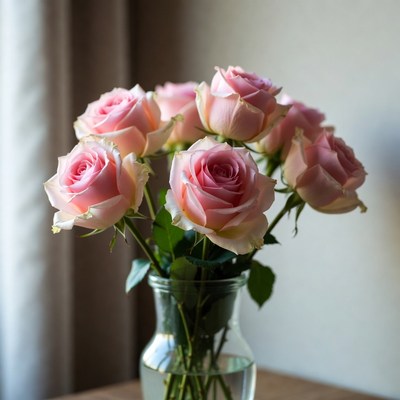 Pink Roses in Glass Vase