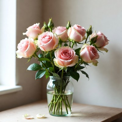 Pink Roses in Glass Vase