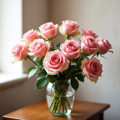 Pink Roses Bouquet in Glass Vase