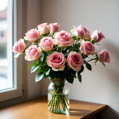 Pink Roses Bouquet in Glass Vase
