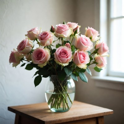 Pink Roses Bouquet in Glass Vase