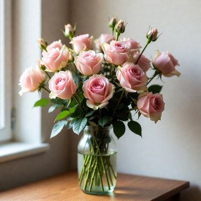Pink Roses in Glass Vase
