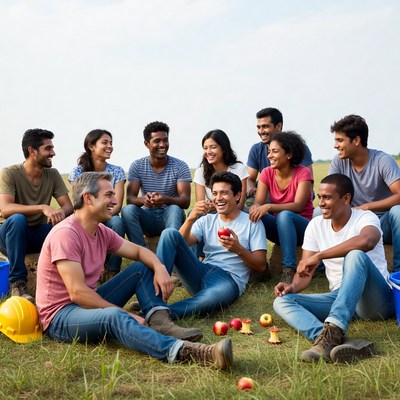Diverse group eating apples outdoors
