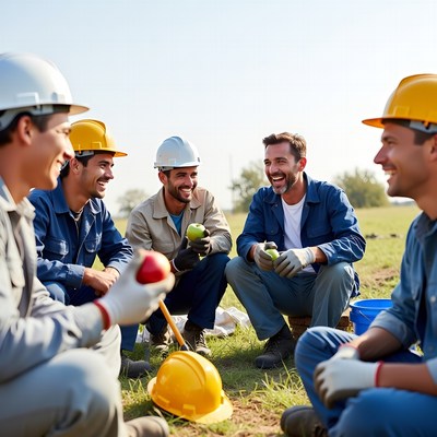 Construction workers eating apples outdoors