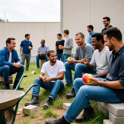 Group of men holding apples outdoors