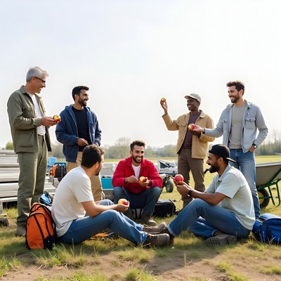 Group of men holding apples outdoors