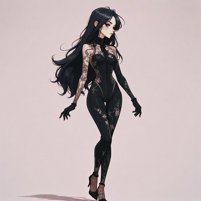 Anime girl in black lace bodysuit