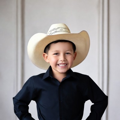 Boy smiling in straw cowboy hat