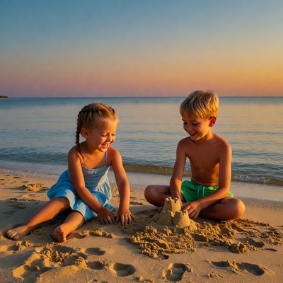 Boy and Girl Building Sandcastle on Beach