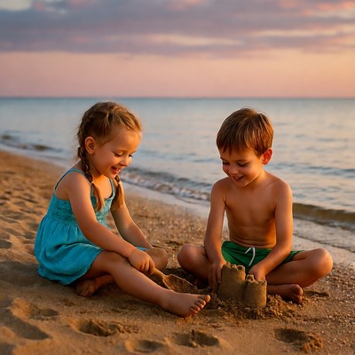 Boy and Girl Building Sandcastle on Beach