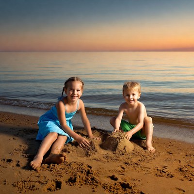 Boy and Girl Building Sandcastle on Beach