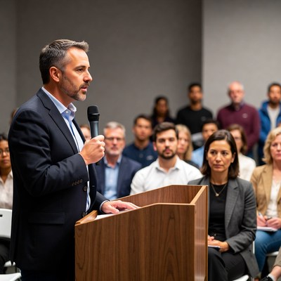Man speaking at podium with audience