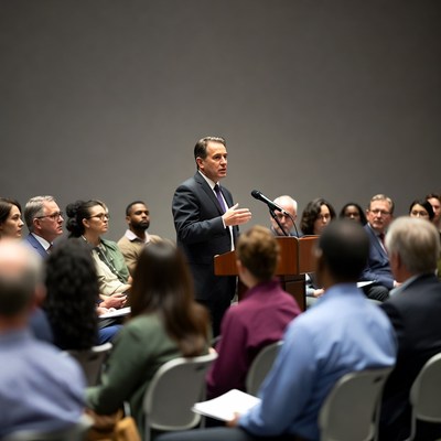 Man speaking at podium to audience