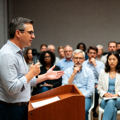 Man speaking at podium to audience