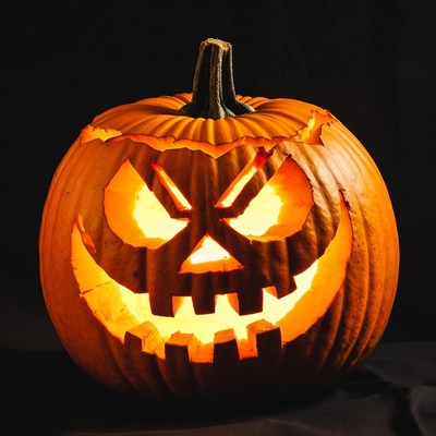 Lit Jack-o-Lantern Pumpkin on Black Background