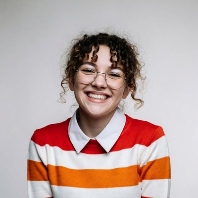Smiling woman with curly hair and glasses