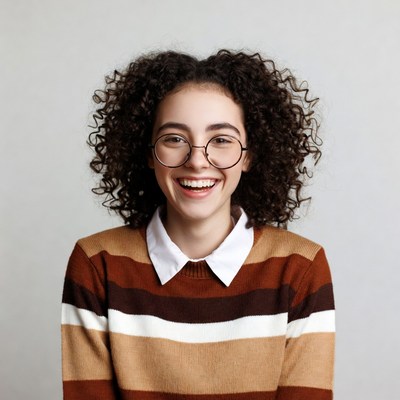 Smiling woman with curly hair and glasses