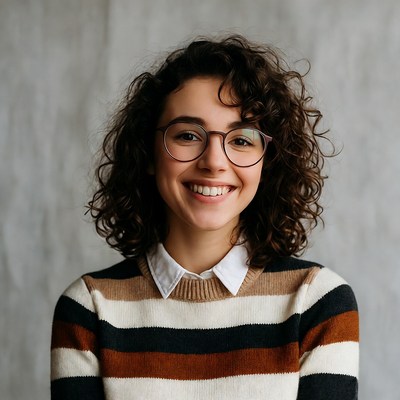 Smiling woman with curly hair and glasses