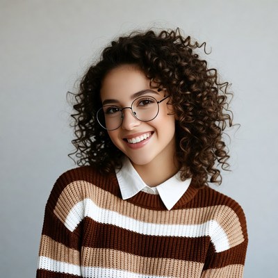 Smiling woman with curly hair and glasses