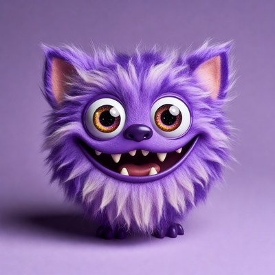 Purple Fluffy Cartoon Cat Smiling